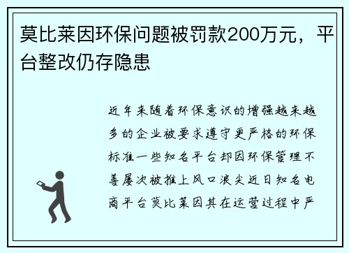 莫比莱因环保问题被罚款200万元，平台整改仍存隐患